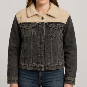 Ava + Kris Women’s Black Faded Denim Jacket XS NWOT Long Sleeve Grunge Festival